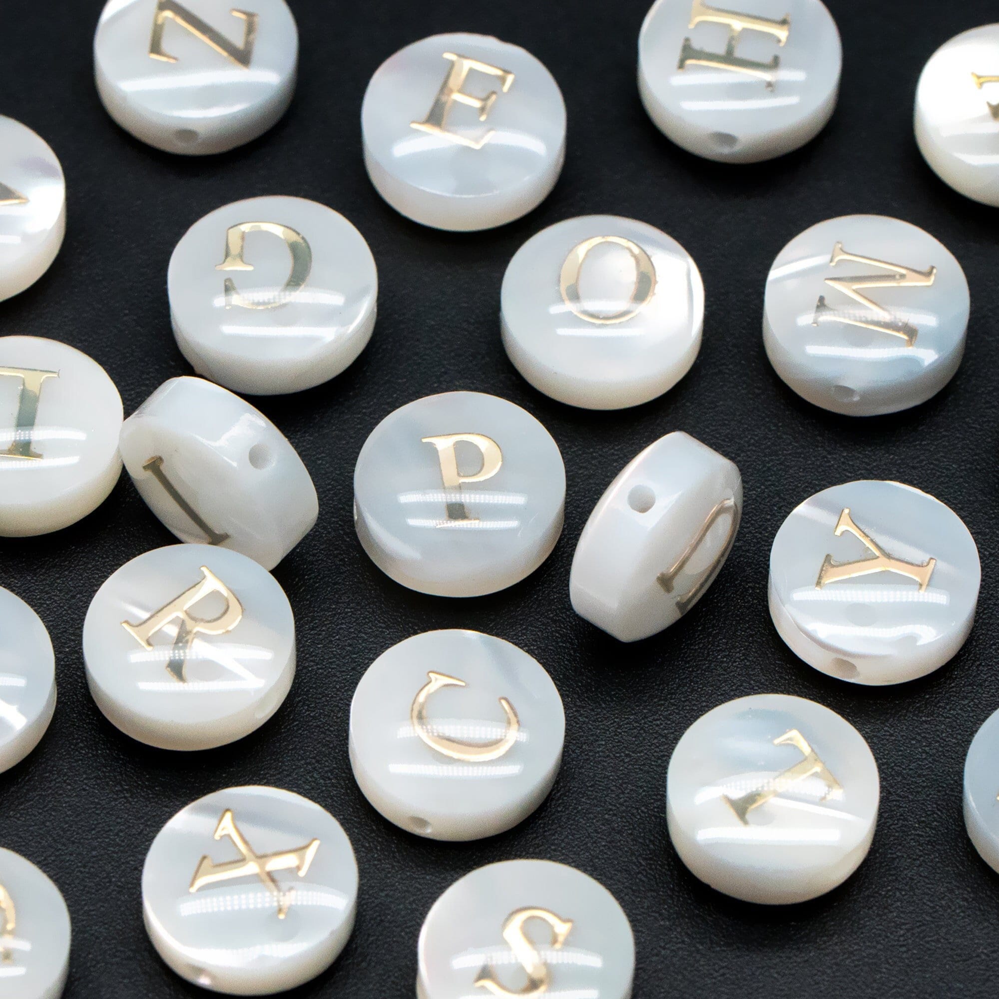 8mm Shell Alphabet Beads, English Letter Beads, Round Coin Letter Charms, Personalized Initial Charms, You Choose Letter (V1404)